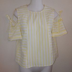 yellow striped cold shoulder tie sleeve blouse